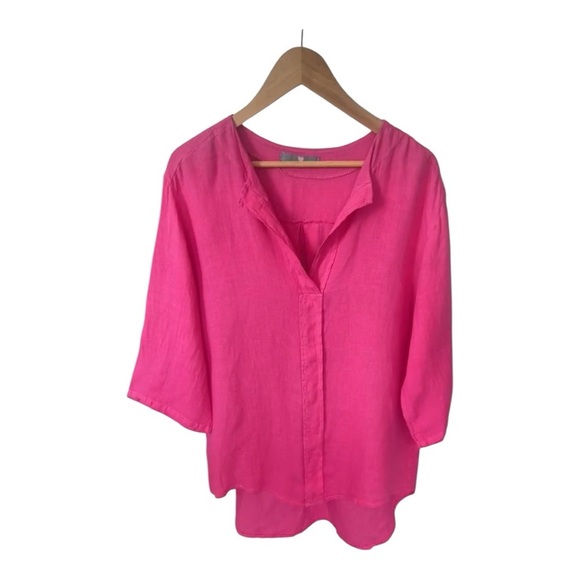 Linen Tunic Top 3/4 Sleeves Made in Italy Lagenlook Hot Pink Size M -L - Picture 1 of 12